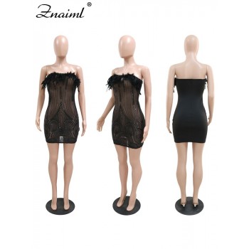 Znaiml Women Sexy Club Party Night Feather Strapless Birthday Dresses Elegant Backless Mesh See Through Patchwork Sequin Dress